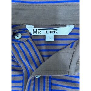 Mr Turk Mens Striped Short Sleeve Polo Shirt Blue Brown Retro Resort Stretch